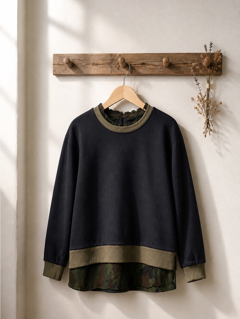 Black Layered Pullover Sweatshirt with camouflage Olive Trim